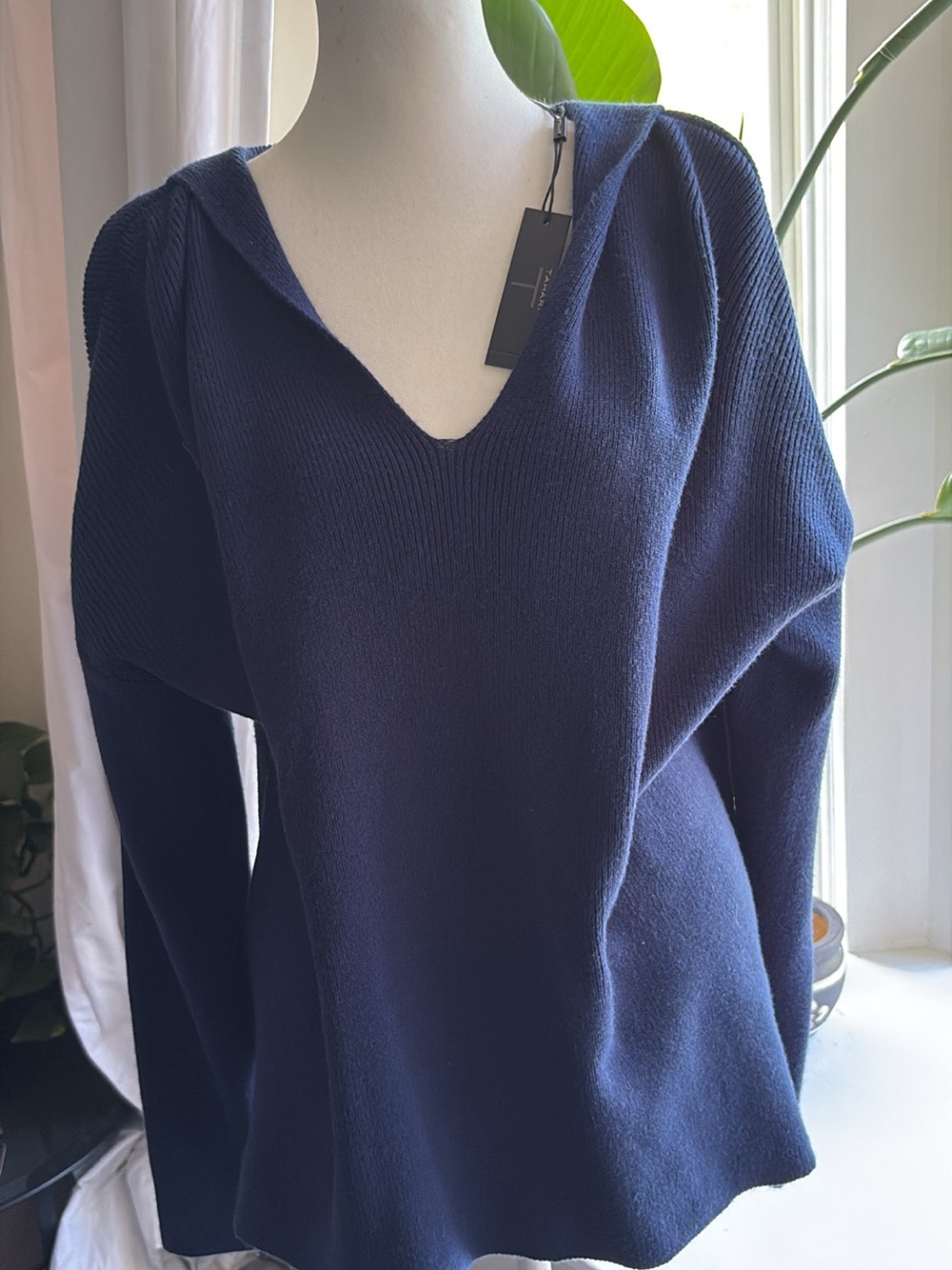 V-Neck Hooded Knit Sweater Hoodie - Navy